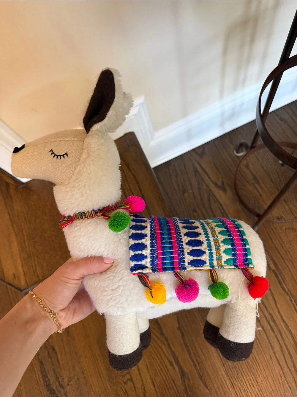 Plush Decorative Llama with Colorful Saddle - White